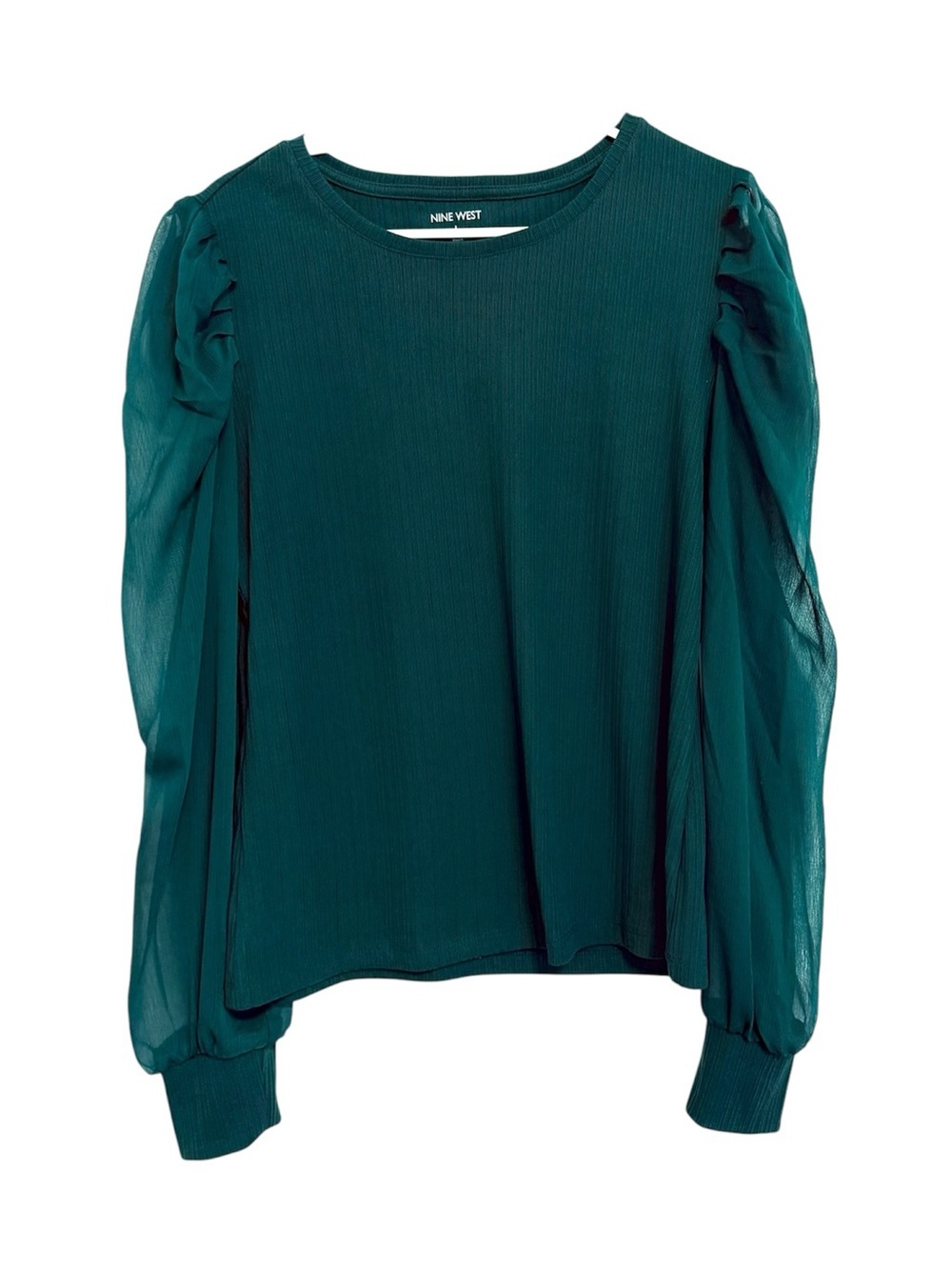 2/$30 Nine West Green Ribbed Sheer Sleeve Blouse Size Large Puff Sleeve Top